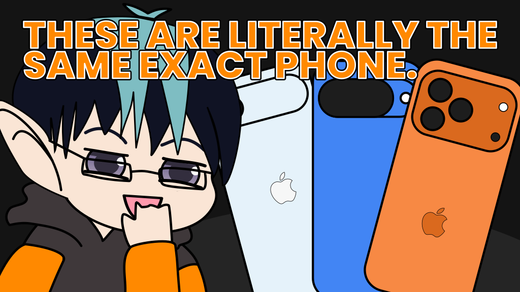 Me looking eagerly at the iPhone Air, Pixel 10, and iPhone 17 Pro with the text: These are literally the same exact phone.
