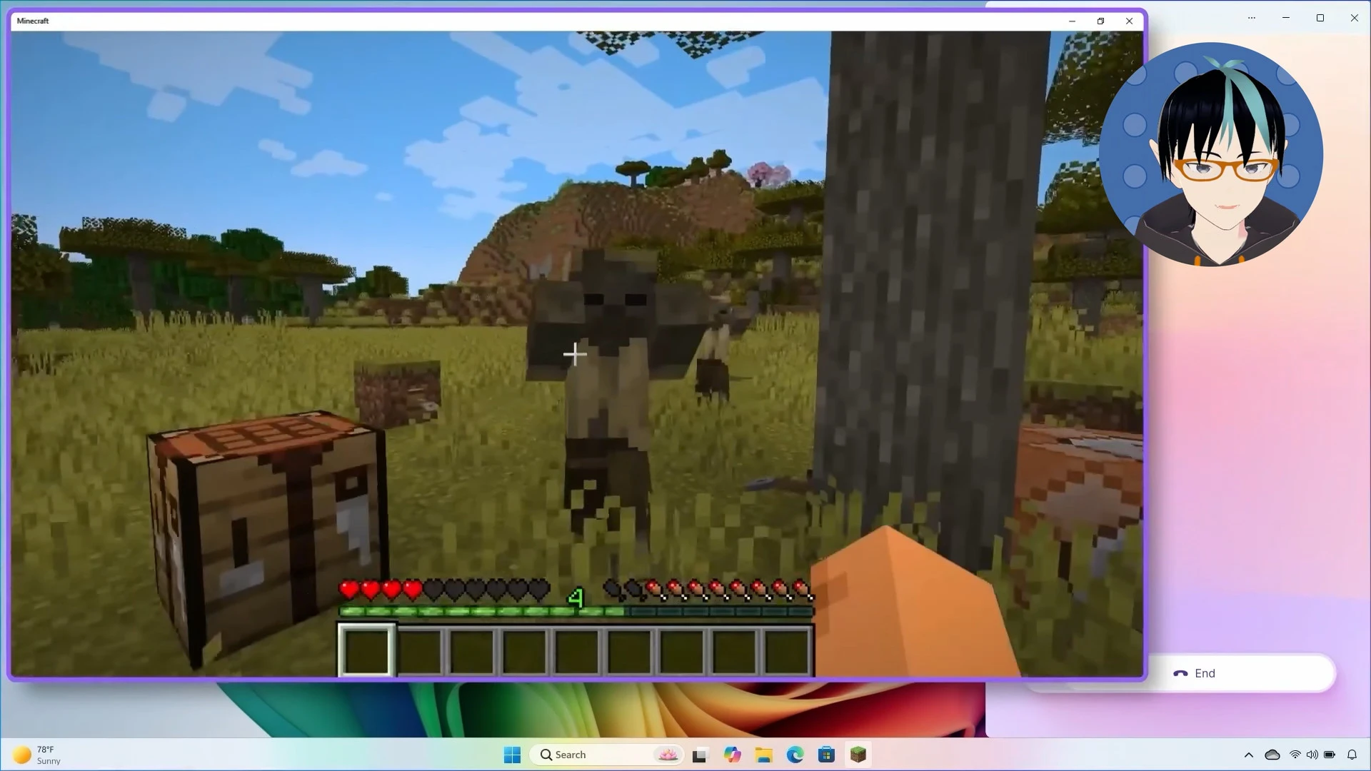 Minecraft running on Windows 11, with a small voice call menu showing the AI assistant