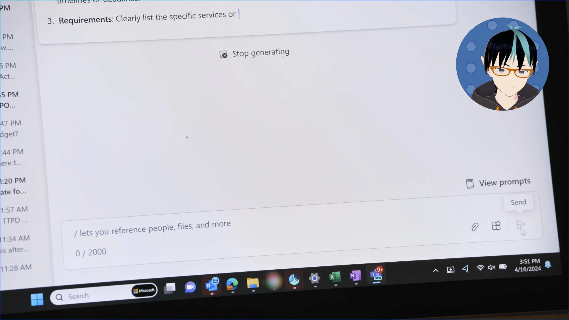 A laptop running Windows 11 showing a Window of Microsoft 365’s Copilot. In the taskbar are the icons for Outlook, Edge, File Explorer, Google Chrome, some program I don’t know, Settings, Excel, OneNote, and the (new) Teams. Google Chrome is blurred out.