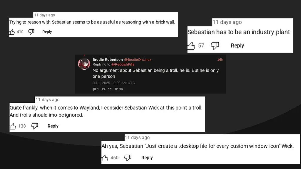 Various angry comments from YouTube with a Tweet from Brodie Robertson in the center
