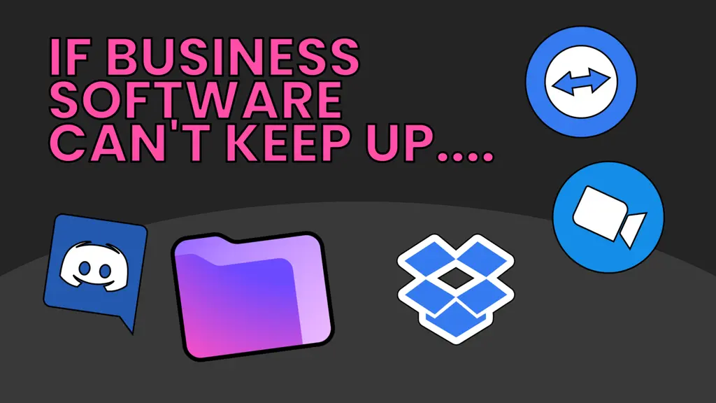 An image featuring the logos of Teamviewer, Zoom, Discord, Proton Drive, and Dropbox with the text “If business software can’t keep up…”