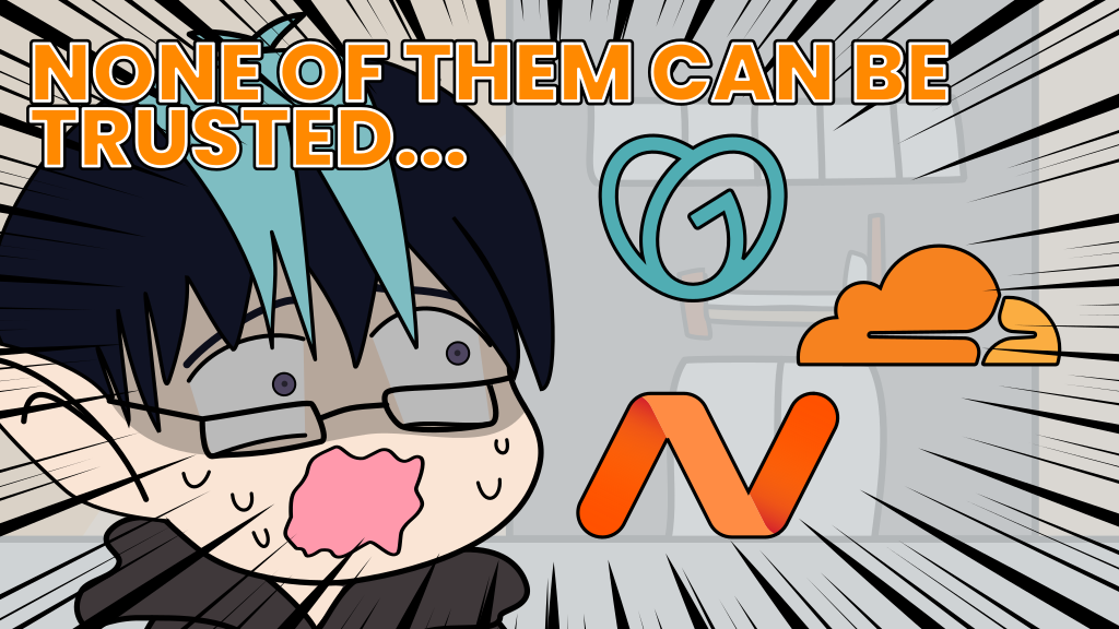 Trafotin screaming at the GoDaddy, Namecheap, and Cloudflare logos.
