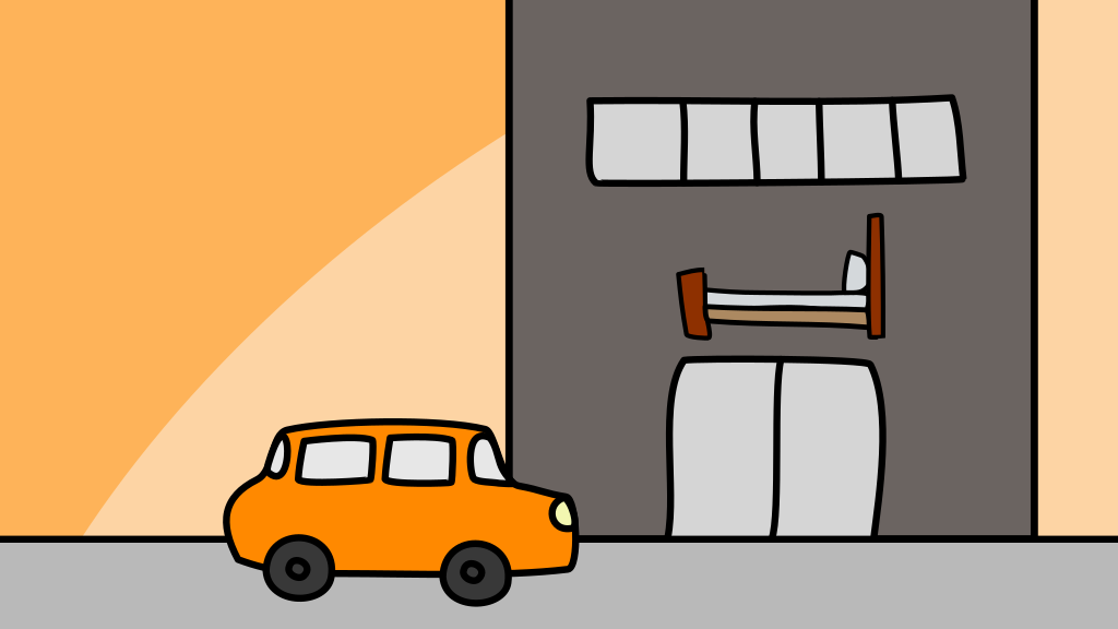 A hotel with an orange car in front of it.