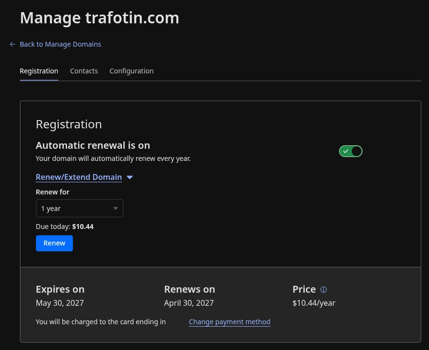 The Cloudflare domain renewal page for trafotin.com