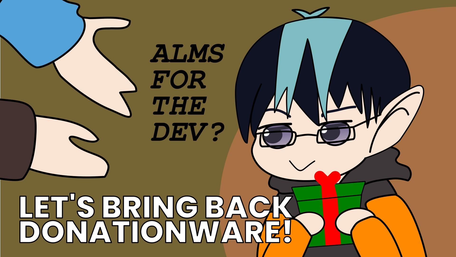 Trafotin hoarding a green gift box from outstretched hands with the dialogue. The first message reads: Alms for the dev? The second message read: Let's bring back donationware!