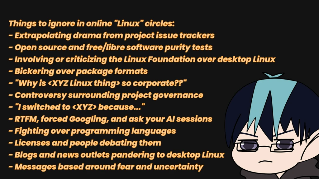 Trafotin annoyed with a list of things to avoid in online Linux circles, see below for full list