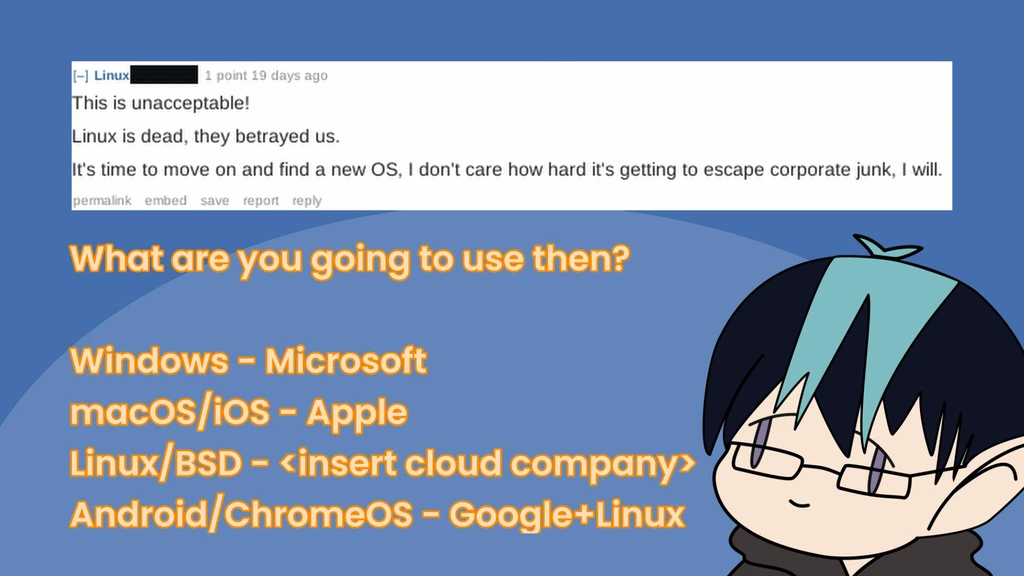 An image of Trafotin staring at a comment declaring Linux dead because the Linux Foundation “betrayed” desktop Linux money and refusing to use corporate-backed software.