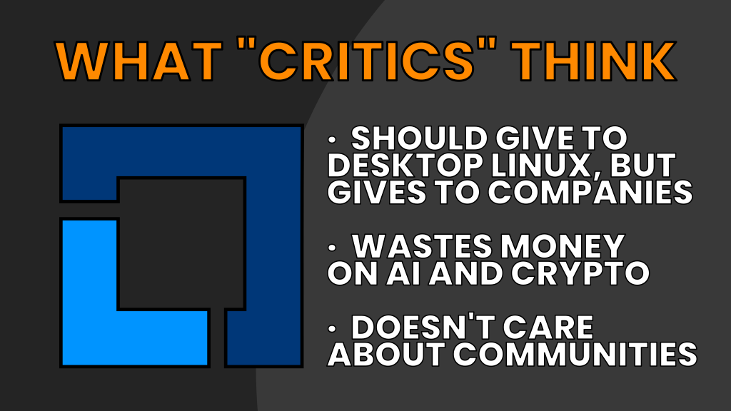 The image features a striking orange title reading “WHAT ‘CRITICS’ THINK” at the top, accompanied by the Linux Foundation logo to its left. Below the title are three white bullet points outlining perceived criticisms of Linux: “SHOULD GIVE TO DESKTOP LINUX, BUT GIVES TO COMPANIES,” “WASTES MONEY ON AI AND CRYPTO,” and “DOESN’T CARE ABOUT COMMUNITIES.”