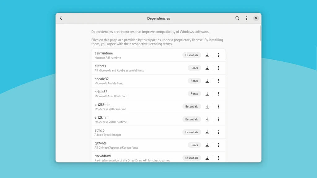 A list of some of the dependencies in Bottles.