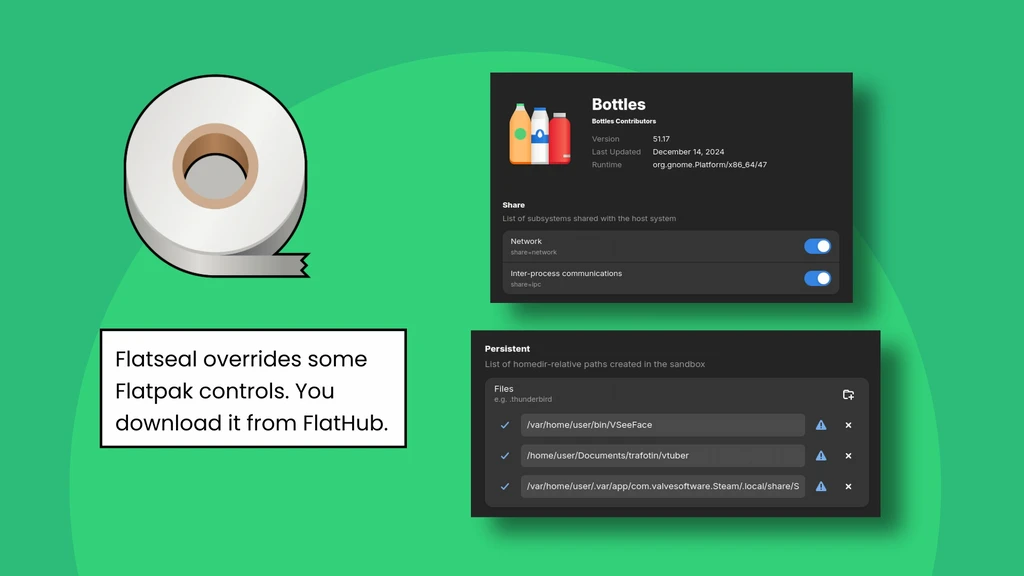 A graphic showing a sample Flatpak override in Flatseal with the caption “Flatseal overrides some Flatpak controls. You download it from FlatHub.”