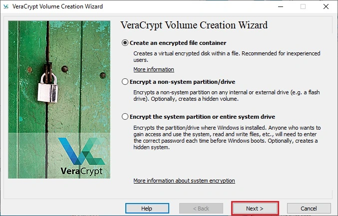 The VeraCrypt Volume Creation Wizard with the “Next” button highlighted in a red rectangle.