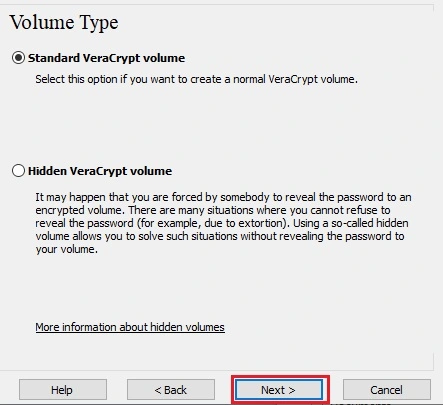 The VeraCrypt Volume Type menu with the options “Standard” and “Hidden”