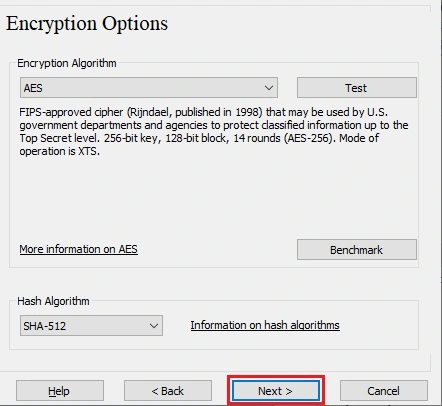 The VeraCrypt Encryption Options menu with the option “Next” outlined in a red rectangle.