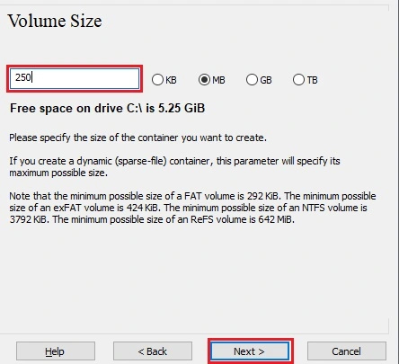 The VeraCrypt Encryption Options menu with the option “Next” outlined in a red rectangle.