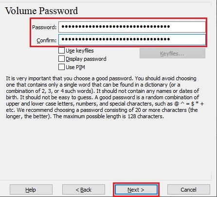 The VeraCrypt Encryption Options menu with the option “Next” outlined in a red rectangle.