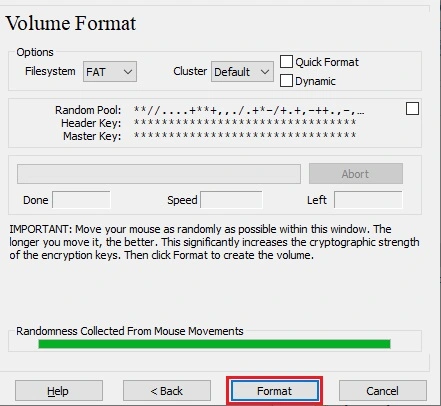 The VeraCrypt Volume Format menu with the option “Format” outlined in a red rectangle. The GUI contains the previous options for filesystem picking.